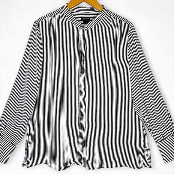 Ann Taylor Striped Button Down Collarless Shirt Size L Black White Stripes - Picture 9 of 9